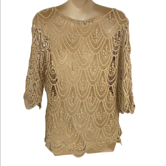 Open Crochet Knit 3/4 Bell Sleeve Boat Neck Scalloped Edge Pullover Sz M - Picture 5 of 8